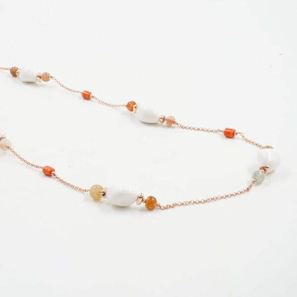 Collana pasta, corallo, pietra del sole, chiusura argento