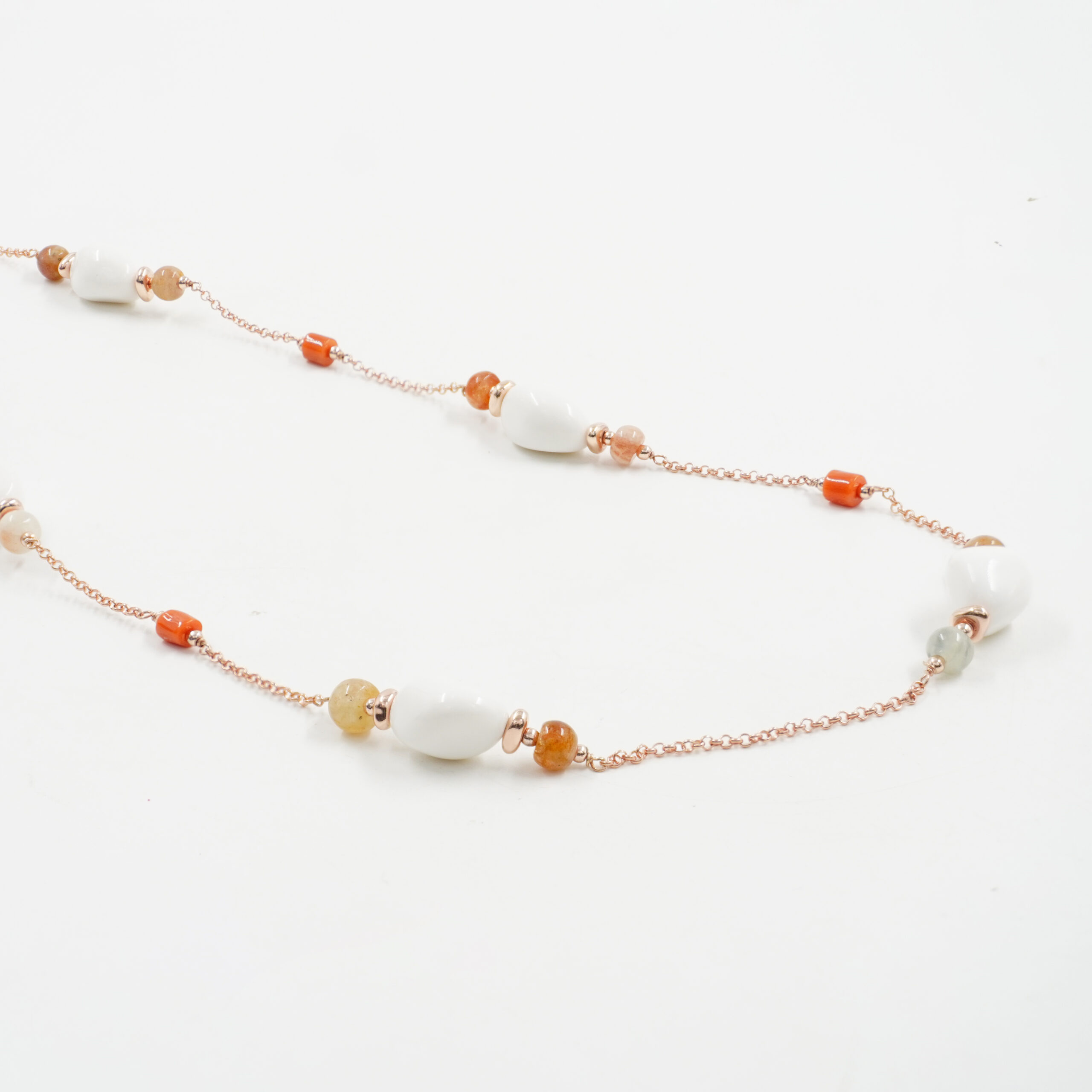 Collana pasta, corallo, pietra del sole, chiusura argento