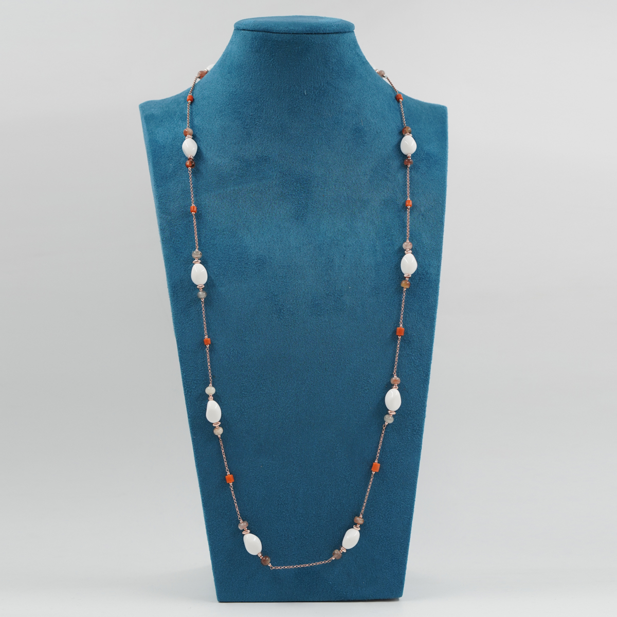 Collana pasta, corallo, pietra del sole, chiusura argento - immagine 2