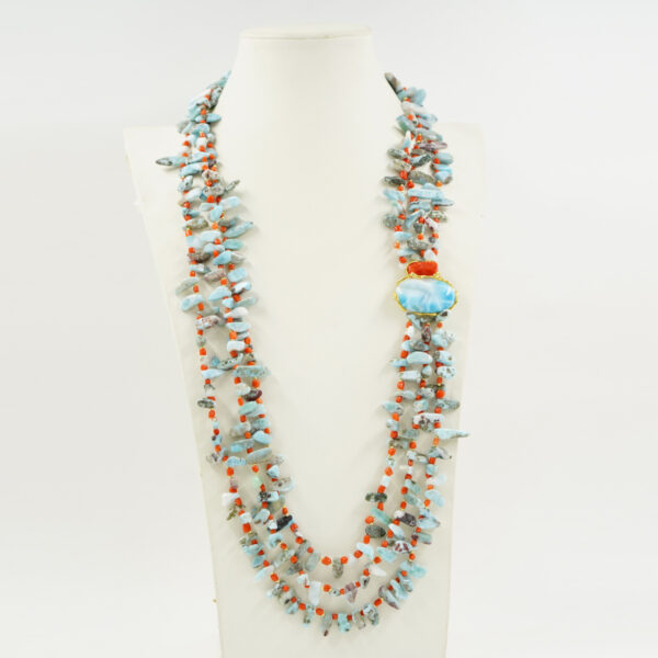 Collana larimar, corallo, chiusura argento