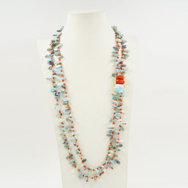 Collana larimar, corallo, chiusura argento