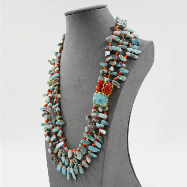 Collana larimar, corallo, chiusura argento