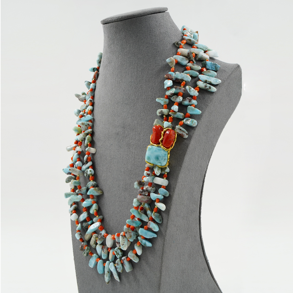 Collana larimar, corallo, chiusura argento