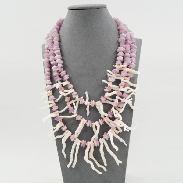 Collana, kunzite, corallo, chiusura argento