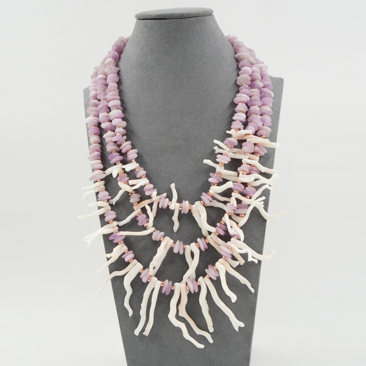 Collana, kunzite, corallo, chiusura argento