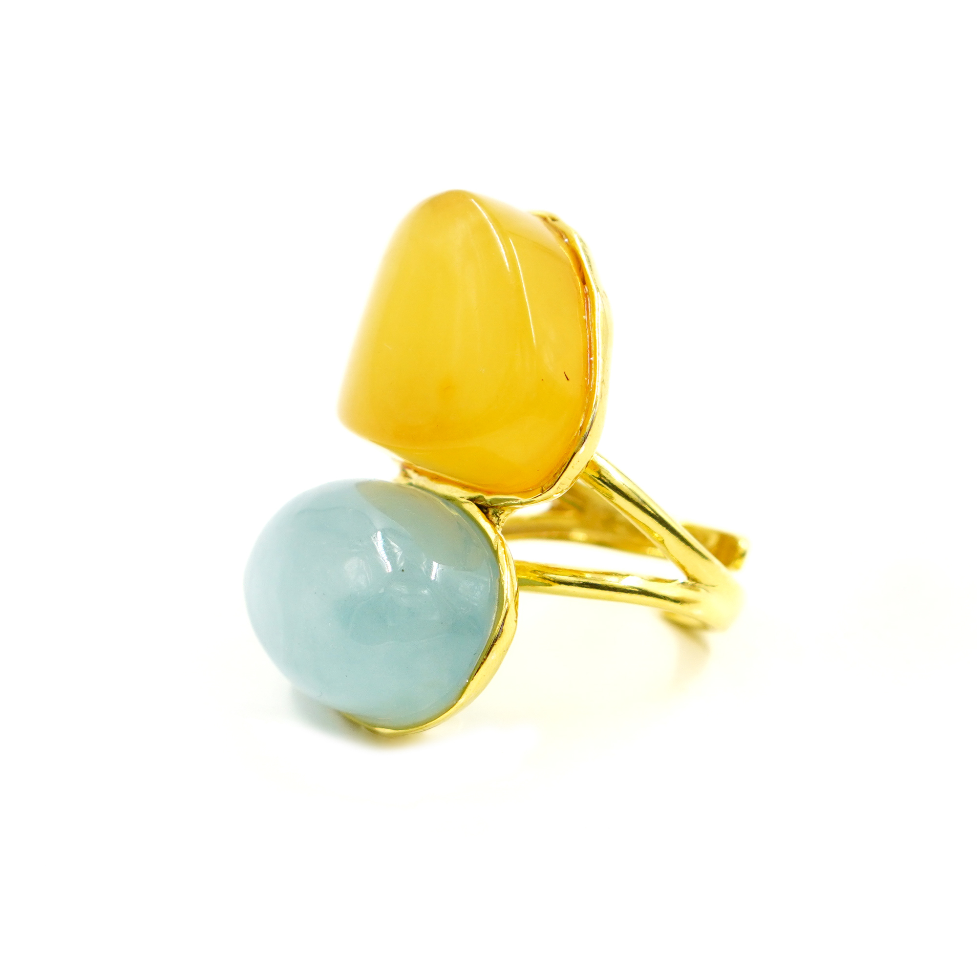 Anello argento ambra, acquamarina - Dorato