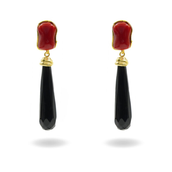 Orecchini Argento corallo, agata nera – Dorato