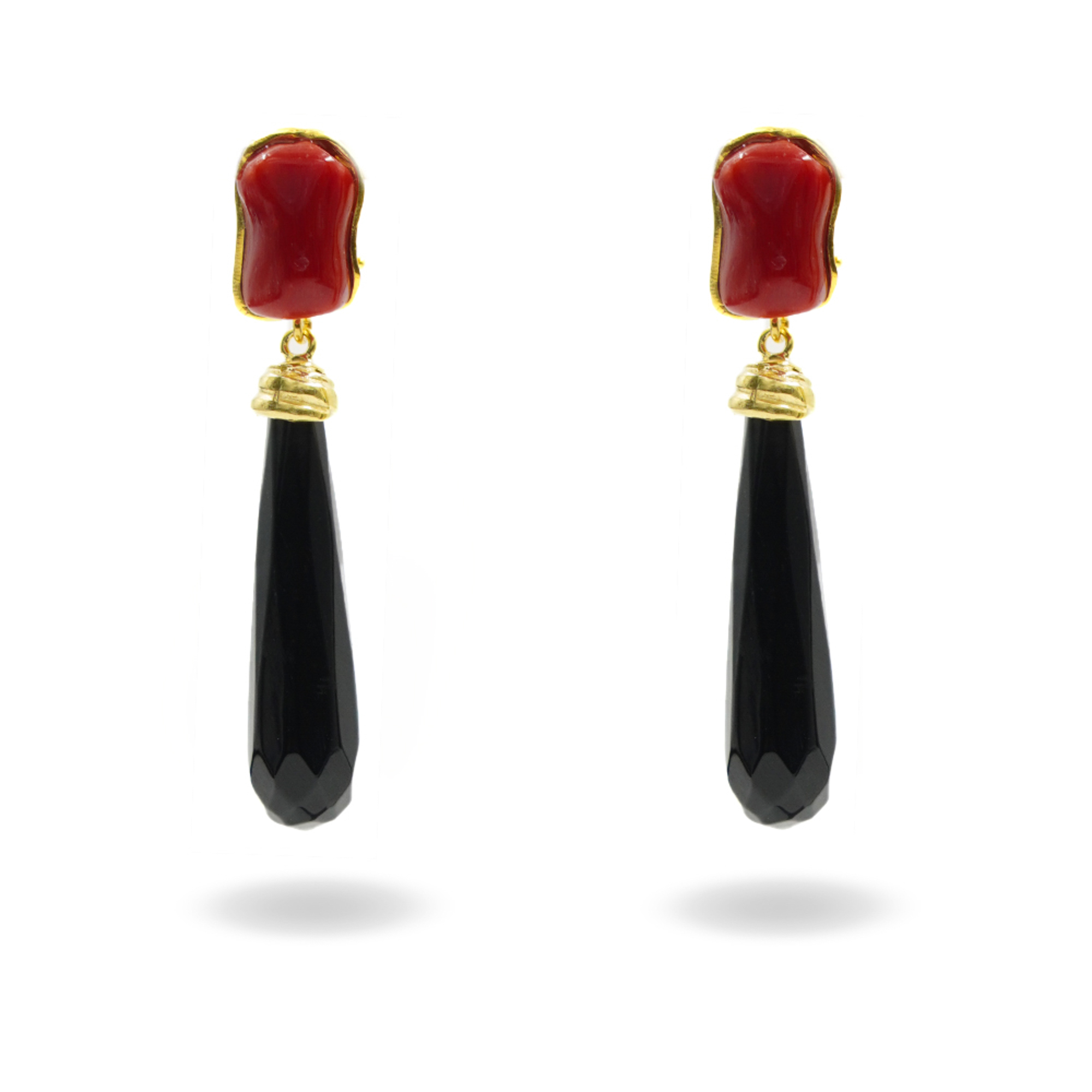 Orecchini Argento corallo, agata nera – Dorato
