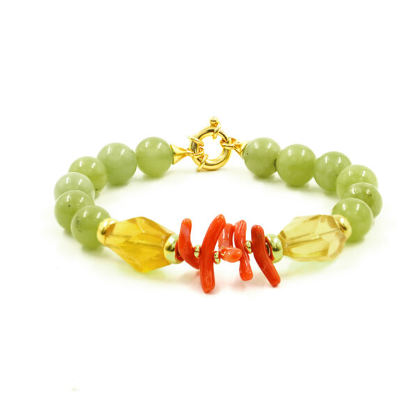 Bracciale giada, corallo, fluorite, chiusura argento