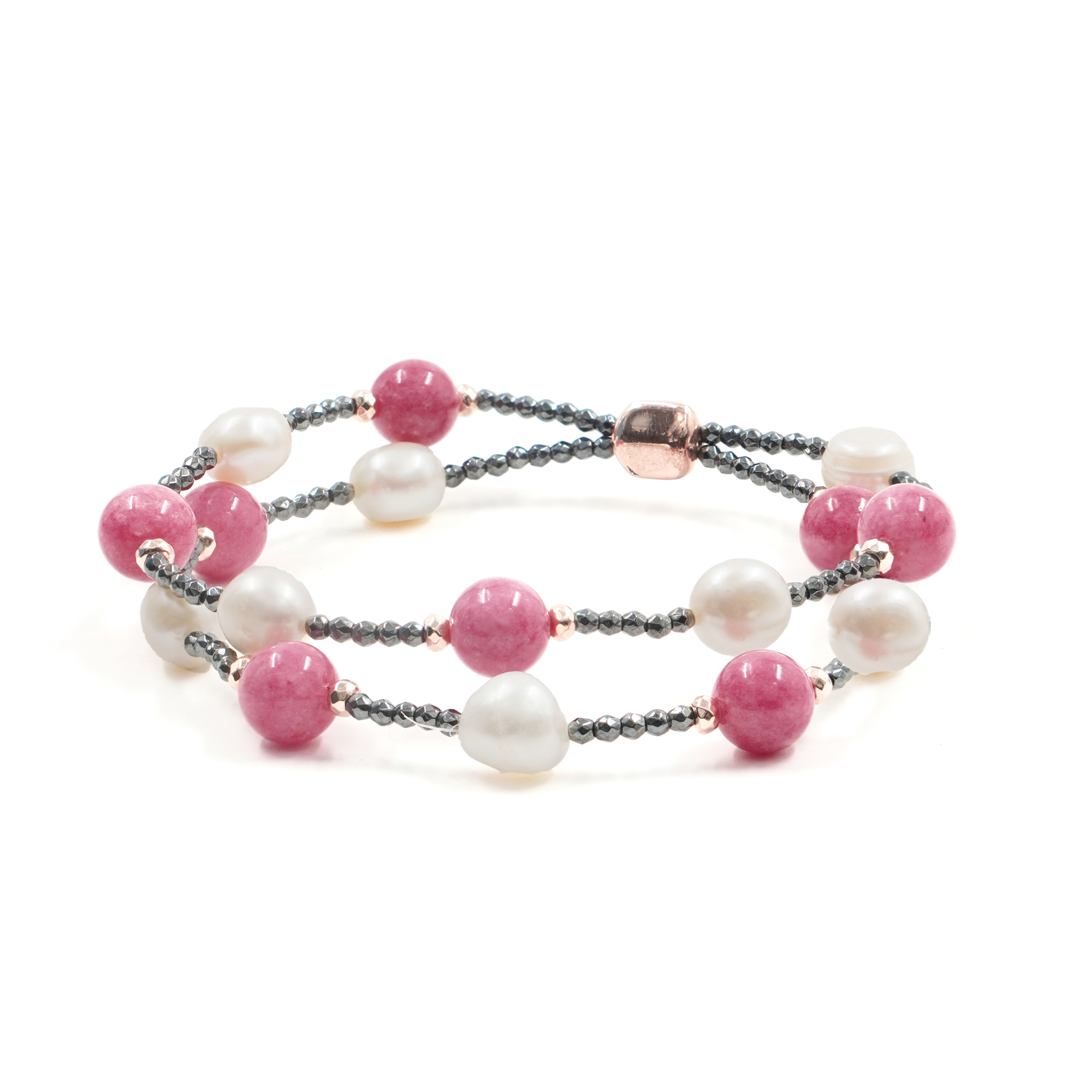 Bracciale elastico ematite, giada rosa, perla
