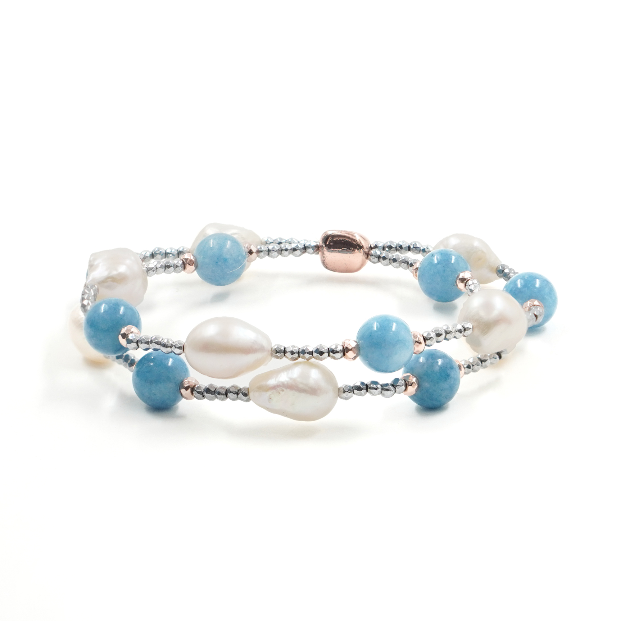 Bracciale elastico ematite, giada azzurra, perla
