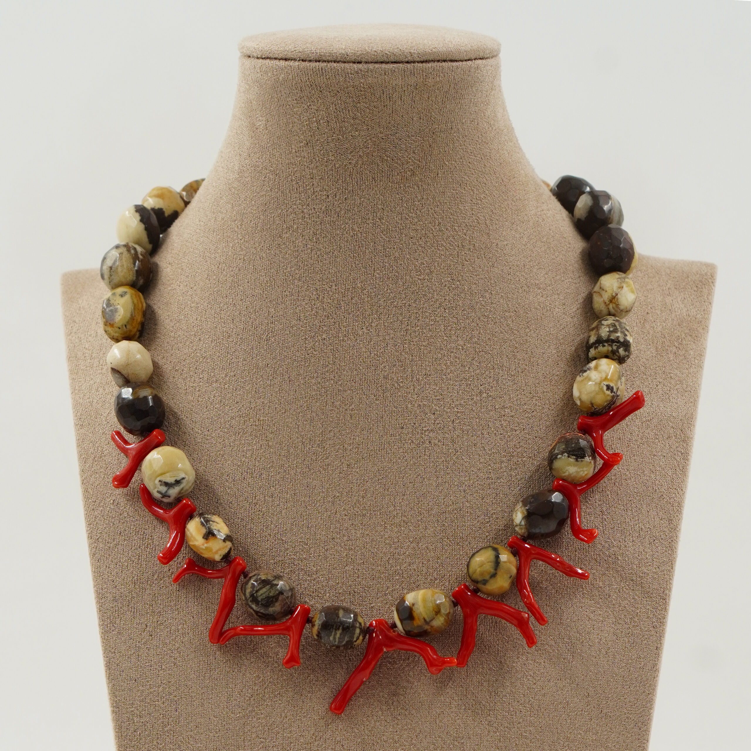 Necklace with wood jasper and coral and silver sterling clasp