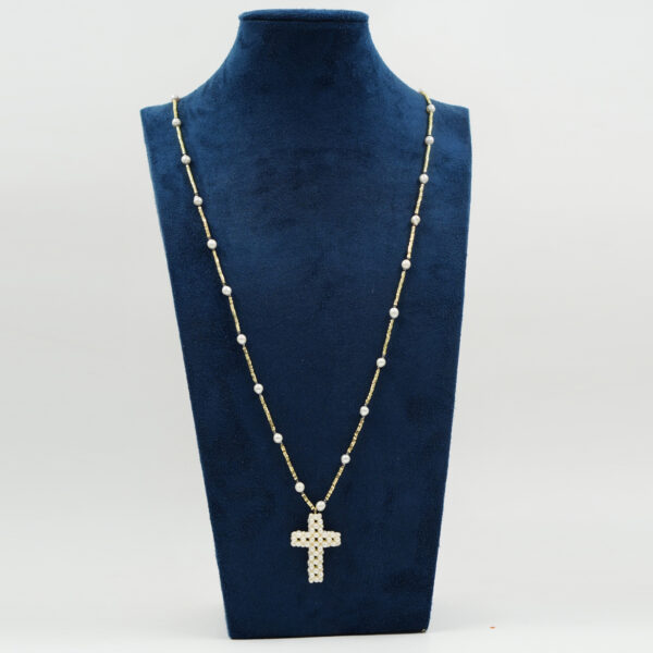 Collana ematite, perle, croce di perle, chiusura argento