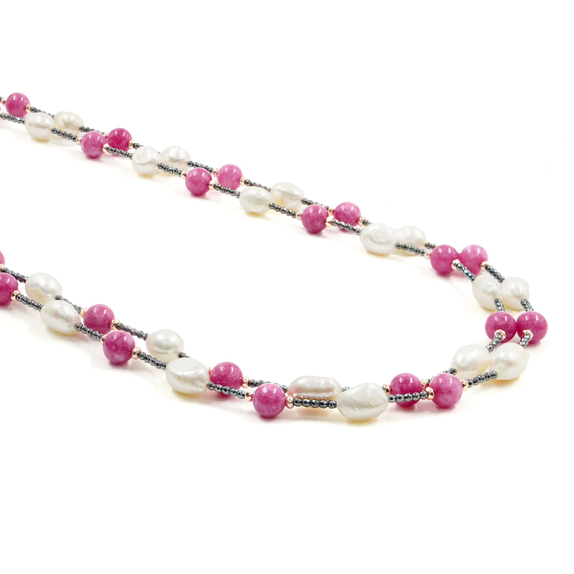 Collana ematite, giada rosa, perla