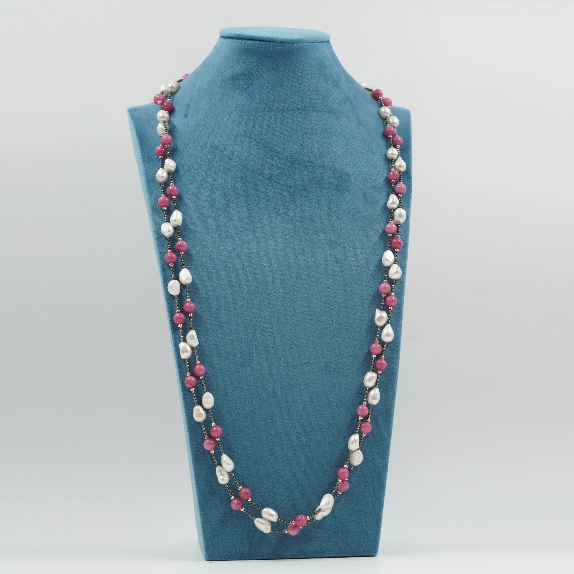 Collana ematite, giada rosa, perla - immagine 2