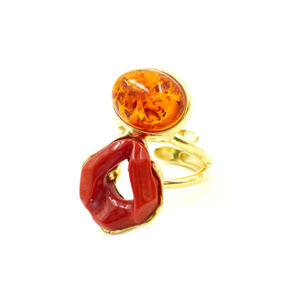 Anello argento corallo, ambra - Dorato