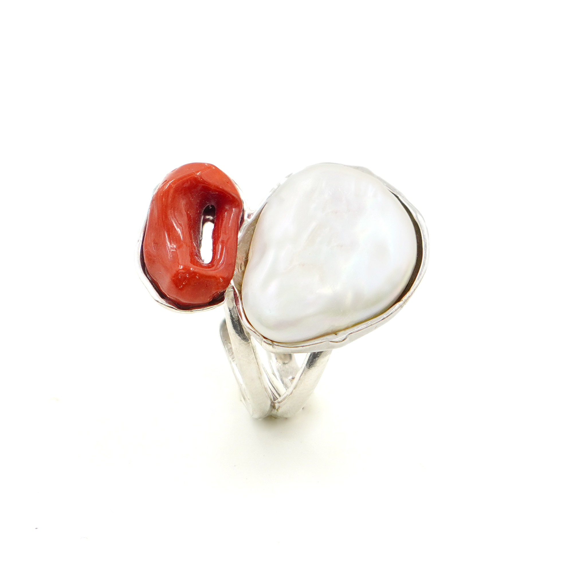 Anello argento corallo, perla - Rodiato