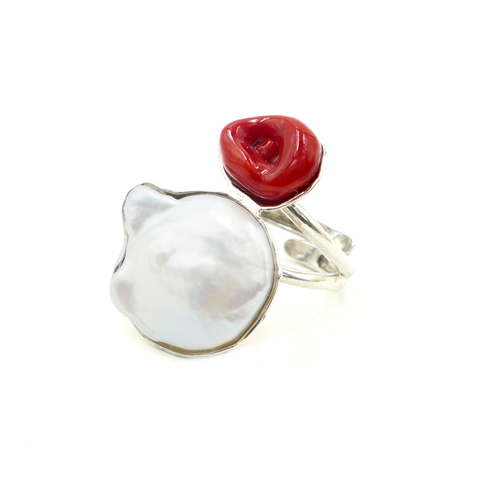 Anello argento corallo, perla - Rodiato - immagine 2
