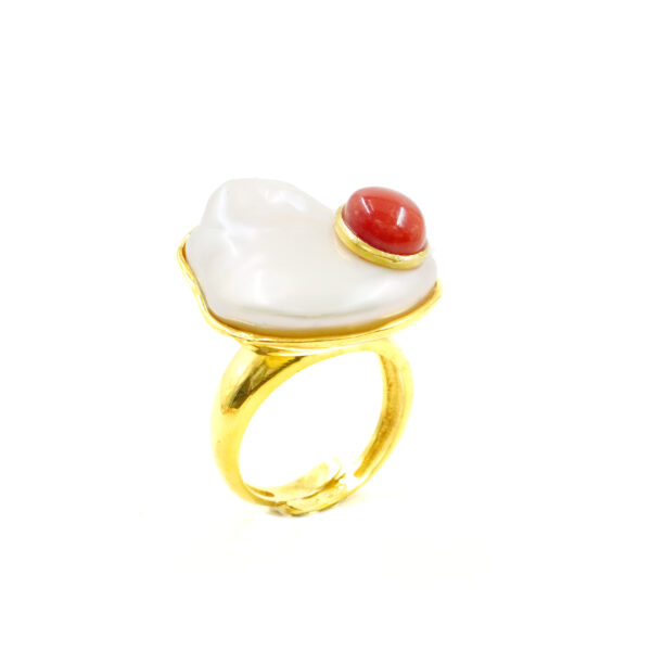 Anello argento perla, corallo - Dorato