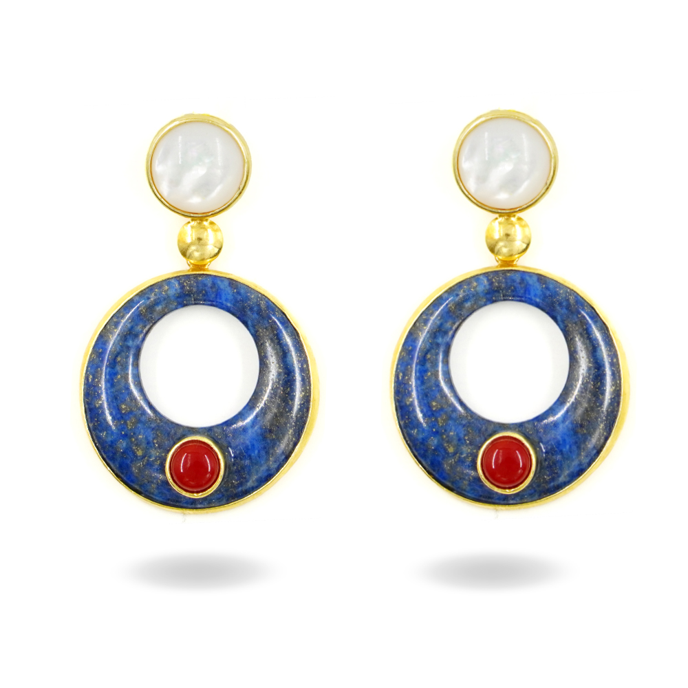 Orecchini argento lapis, madreperla, corallo - Dorato