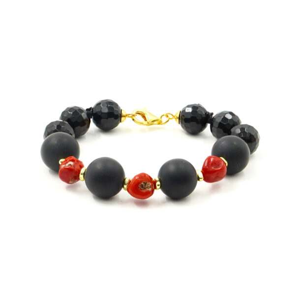 Bracciale agata nera, corallo, chiusura argento