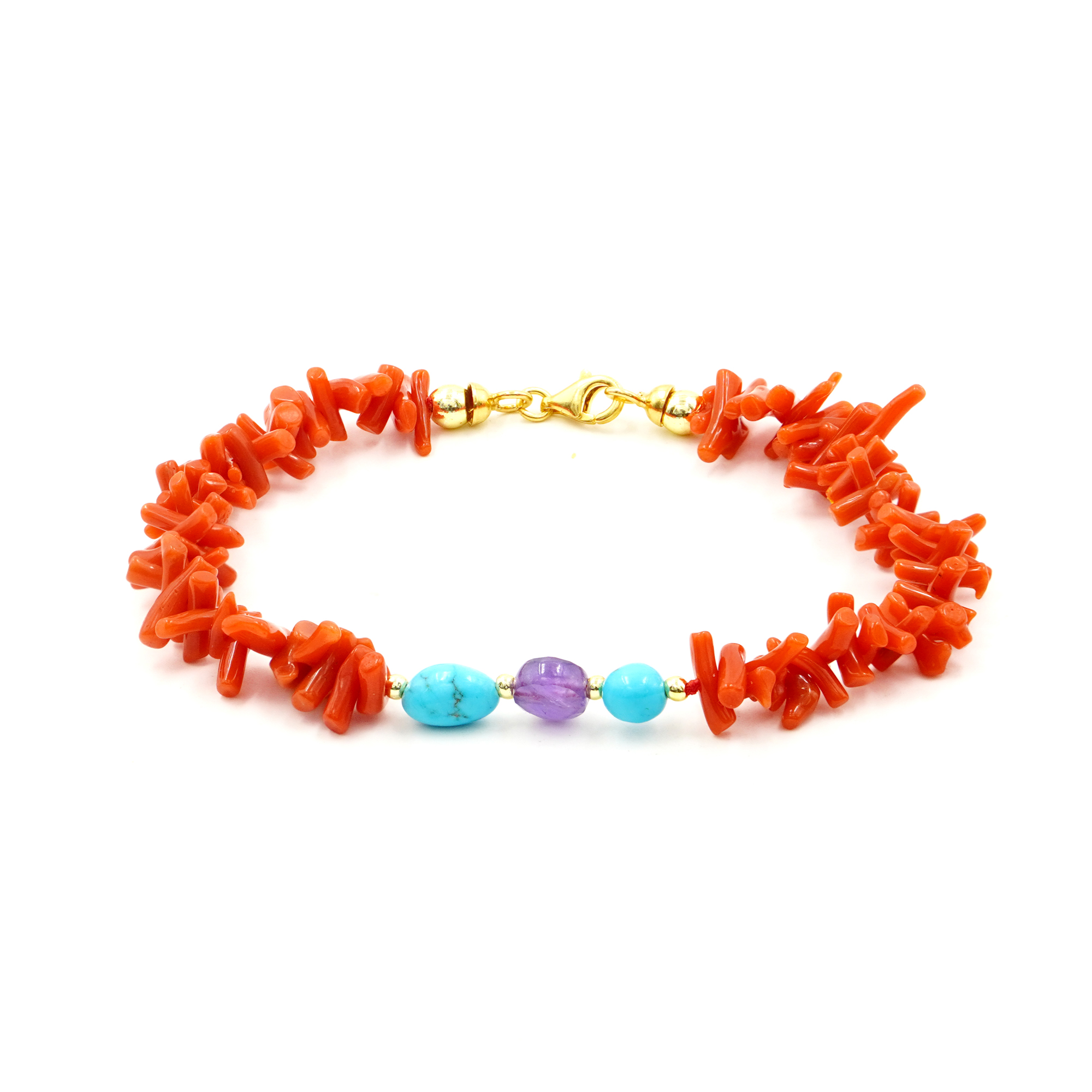 Bracciale corallo, turchese, ametista chiusura argento
