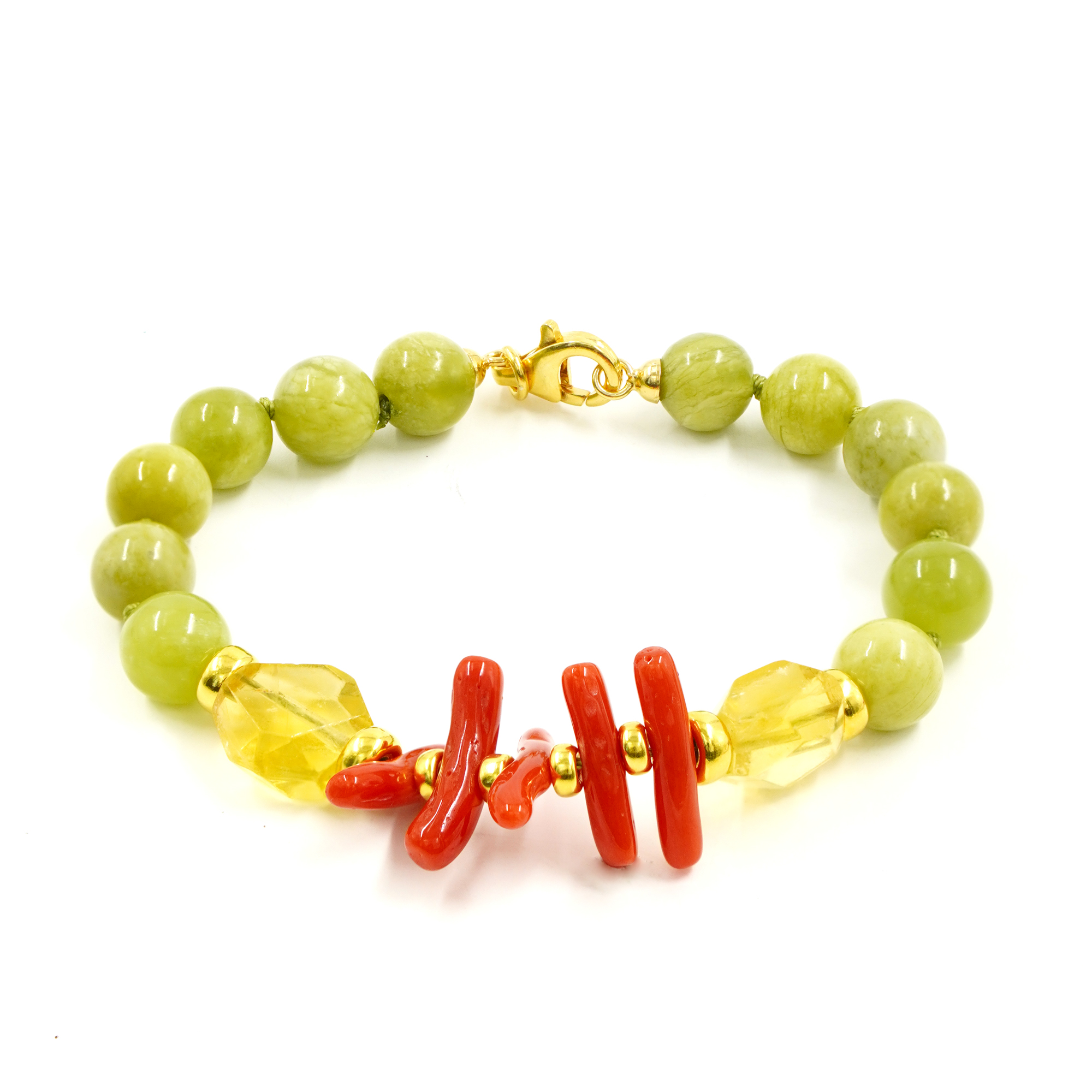 Bracciale giada, corallo, fluorite chiusura argento