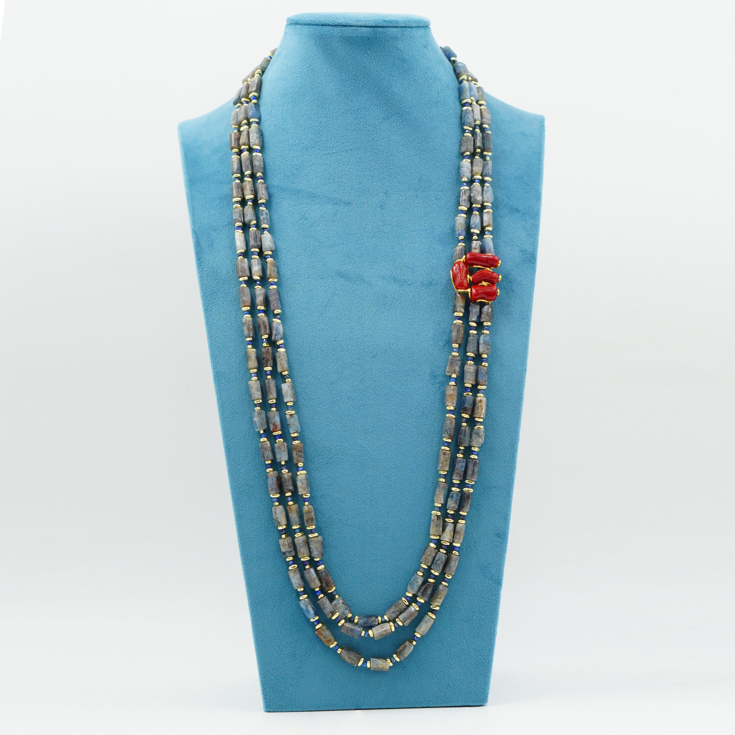 Collana cianite, lapis, corallo chiusura argento