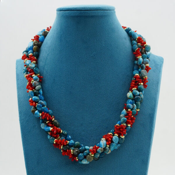 Collana apatite, corallo, chiusura argento